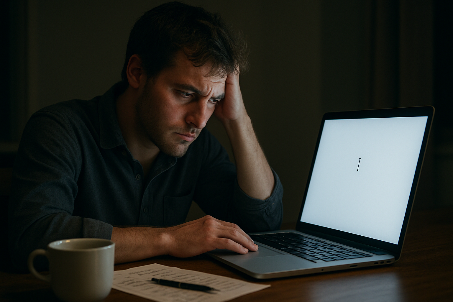 "A worried man sits at a desk in a dimly lit room, resting his head on his hand while looking at a laptop with a blank white screen and a single cursor, suggesting writer's block or work-related stress."