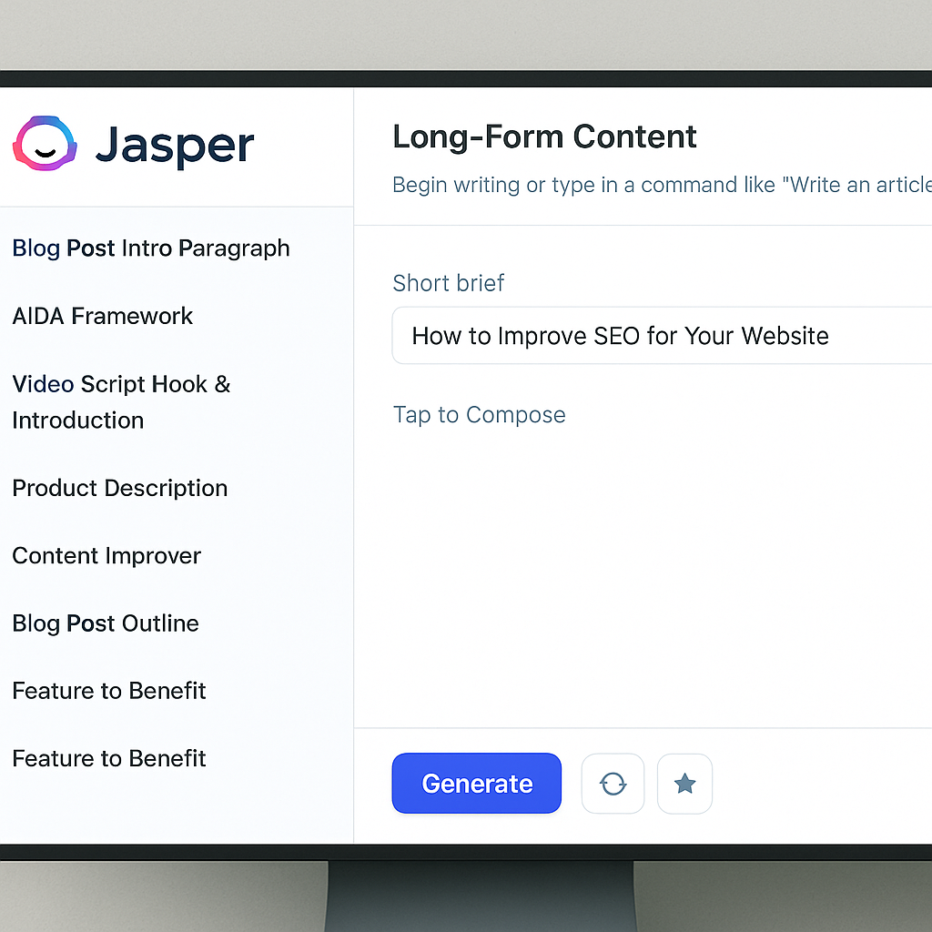 "A screenshot showing the user interface of Jasper, an AI content creation tool. The 'Long-Form Content' feature is active, with a short brief entered as 'How to Improve SEO for Your Website'. On the left, a menu displays various writing templates like 'Blog Post Intro Paragraph' and 'AIDA Framework', and a blue 'Generate' button is visible at the bottom."