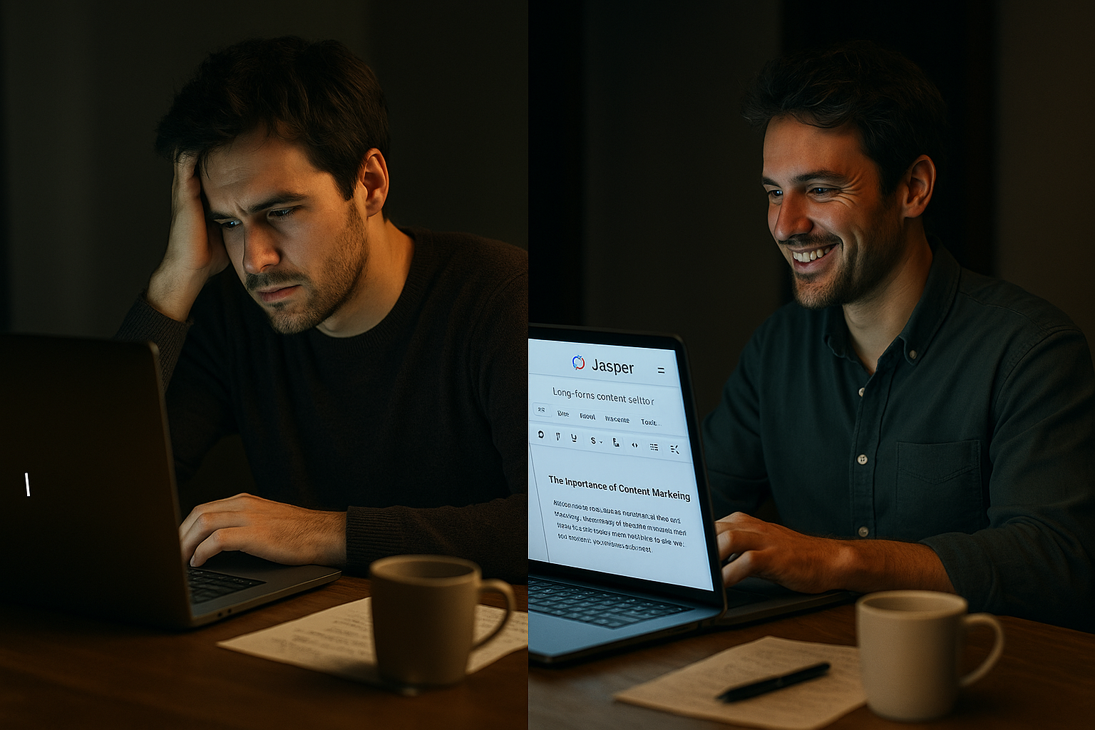 "A split-screen photo showing a male writer. On the left, he looks frustrated while staring at a blank screen. On the right, he is smiling and writing confidently using Jasper AI, with the interface visible on his laptop."