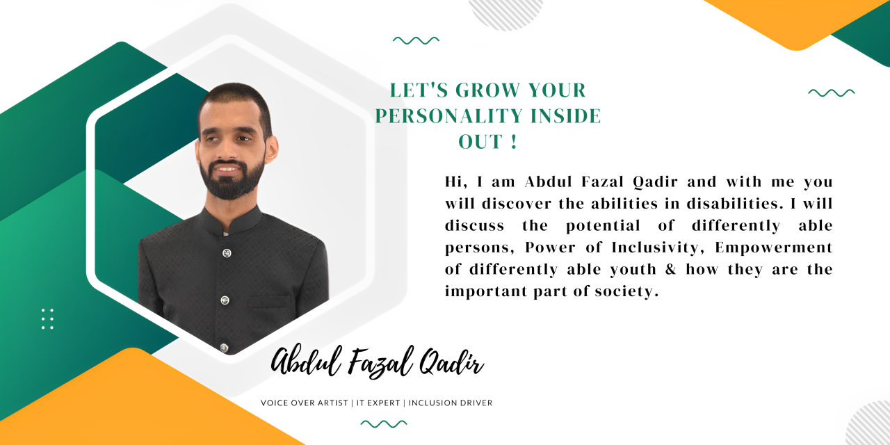 Promotional banner for AFQ Online Academy. It features a headshot of founder Abdul Fazal Qadir and the motivational text 'Let's grow your personality inside out!'. The banner has a professional green, white, and orange design.